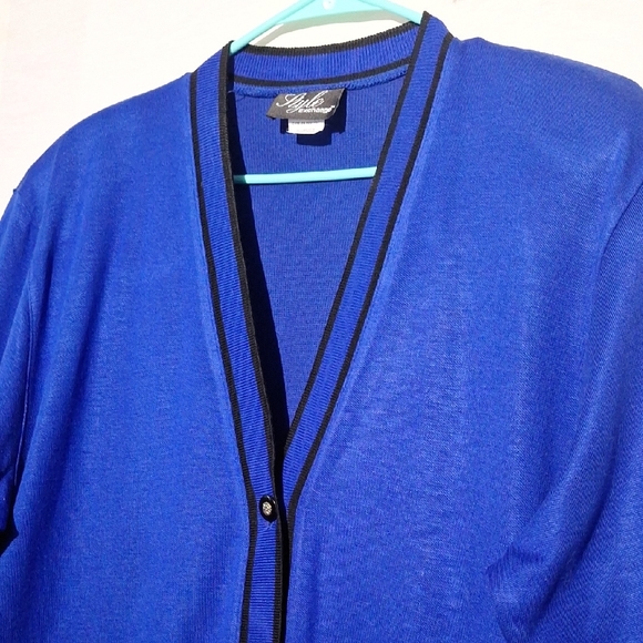 Vintage Royal Blue Cardigan with Black Accents, Silver Buttons, Sz 18, NWOT - Picture 4 of 14